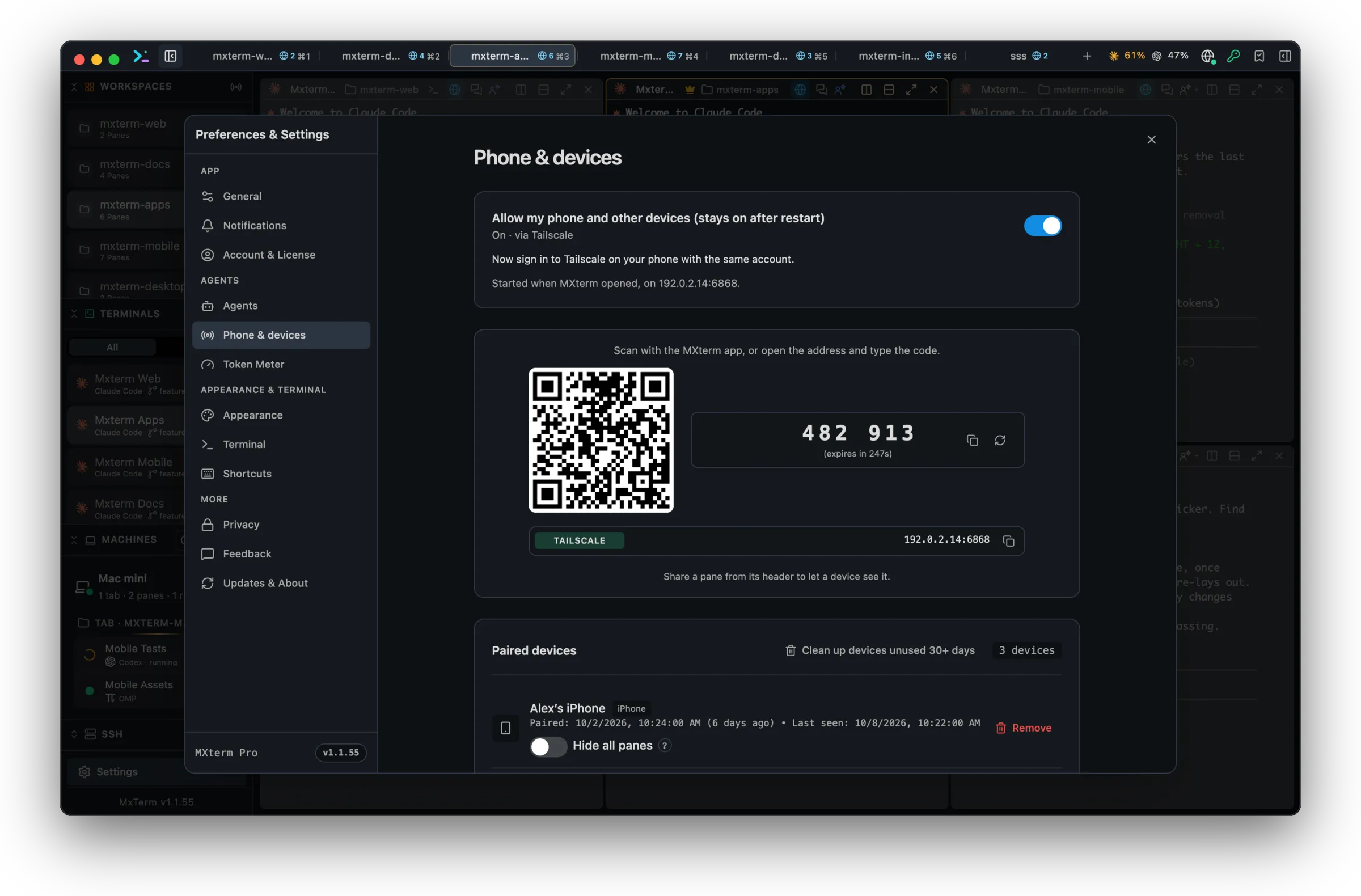 MXterm Pro Phone & devices settings with a pairing QR code